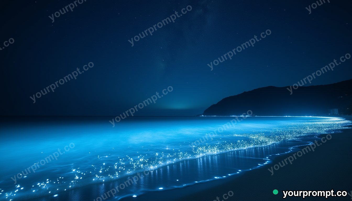 A surreal beach where the sea is liquid starlight