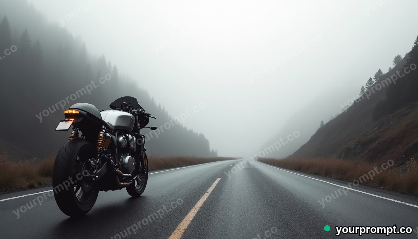 A cafe-racer motorcycle on a foggy mountain road