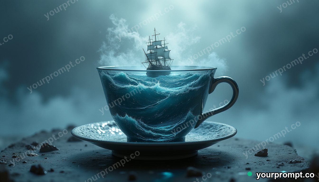 A teacup holding an entire stormy ocean with tiny ships in double-exposure style — AI-generated image from a text prompt