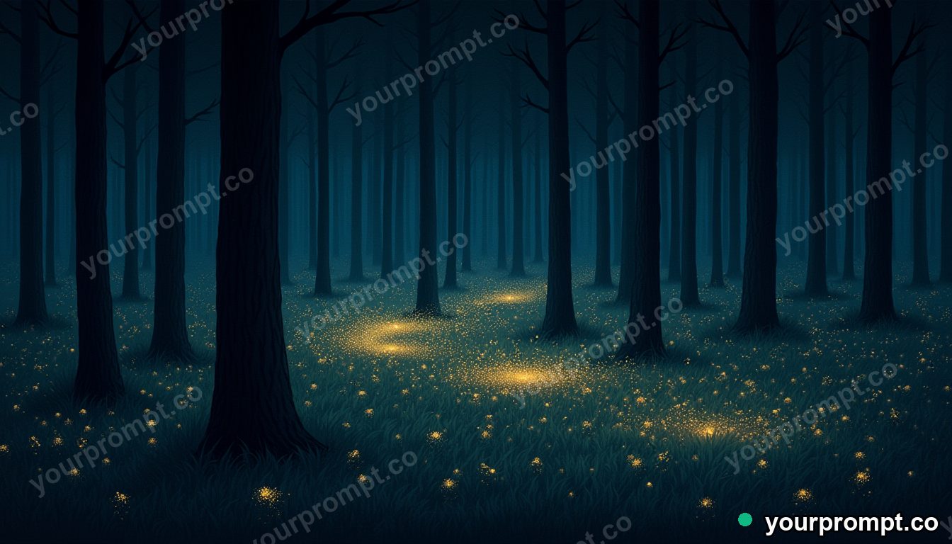 A swarm of fireflies glowing in a dark forest