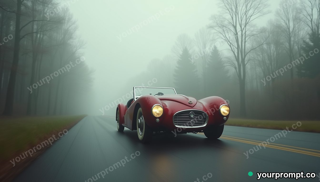 A 1930s art-deco roadster on a misty country road