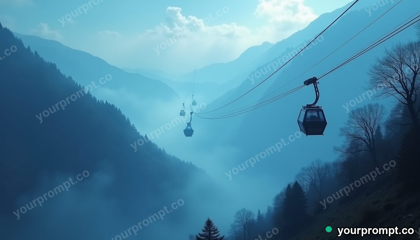 A cable car climbing into misty mountains