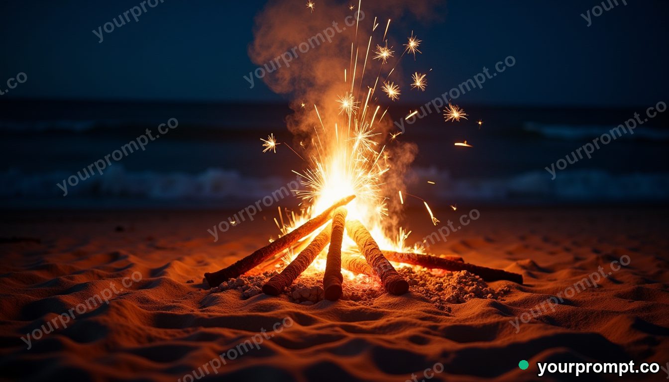 A beach bonfire with sparklers on a summer night