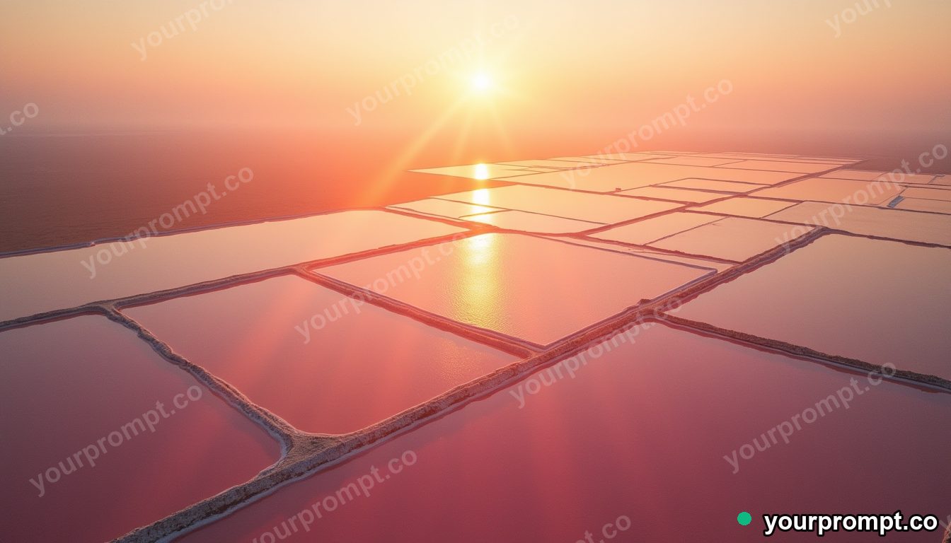 A bird's-eye view of salt evaporation ponds in pink and orange