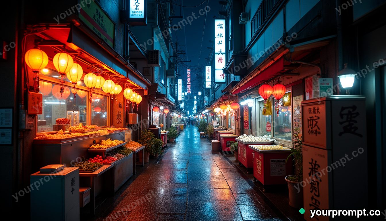 A glowing night market in a narrow Tokyo alley