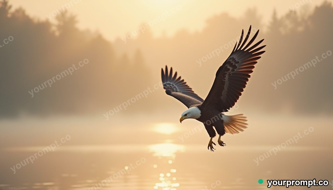 A bald eagle diving toward a lake