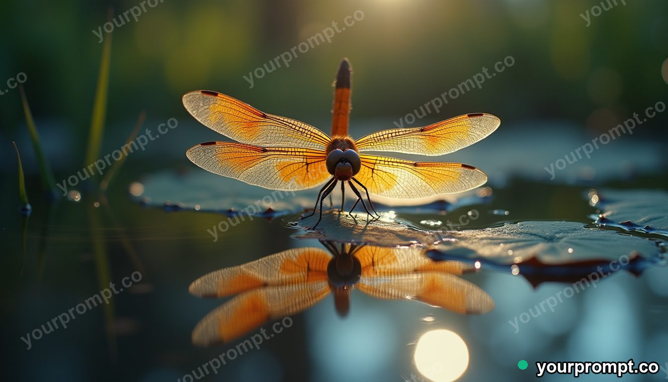 A dragonfly with crystalline wings over a pond