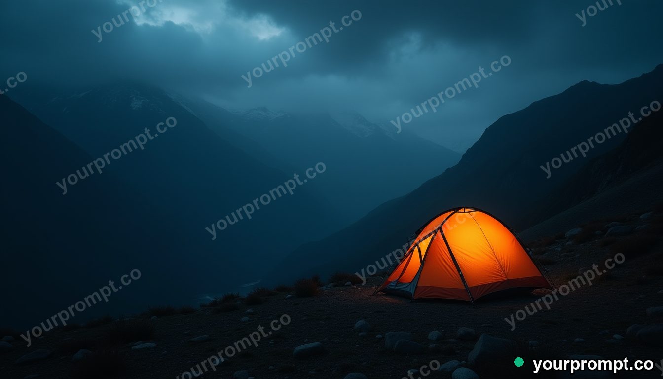 A tent glowing warmly on a dark mountainside