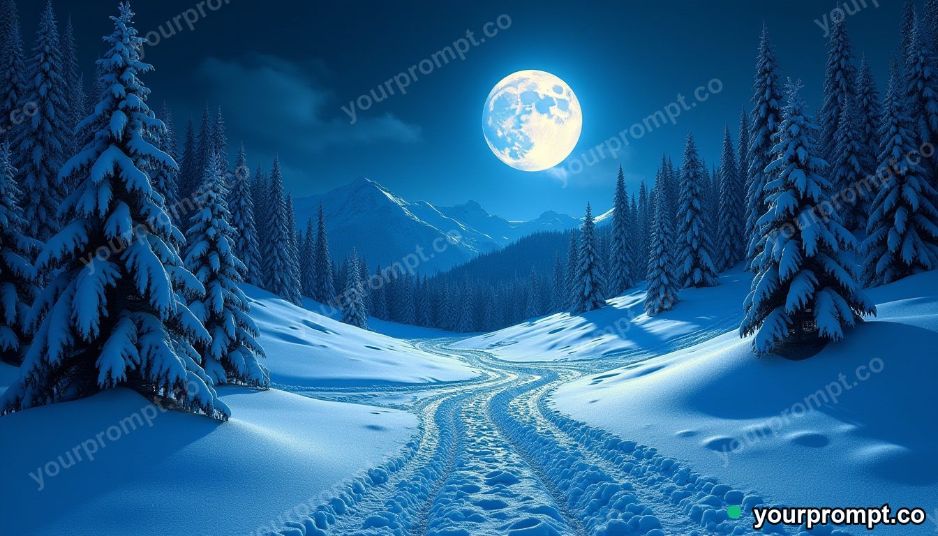 A moonlit snowfield with long blue shadows