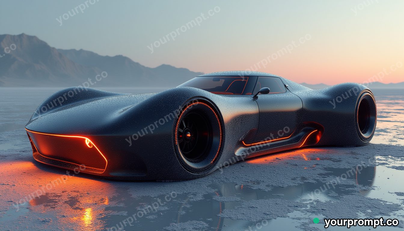 A futuristic concept car with glowing accents on a salt flat