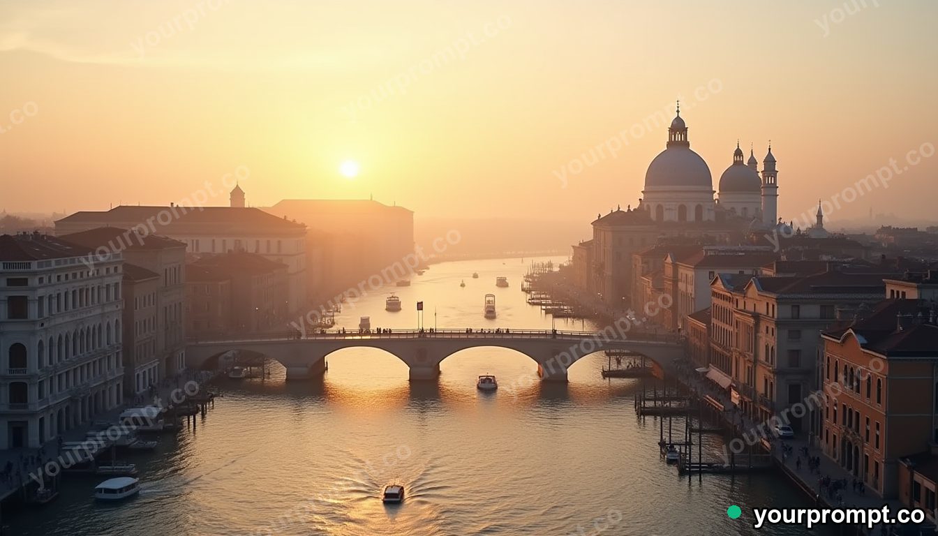 A floating city of bridges and canals at dawn