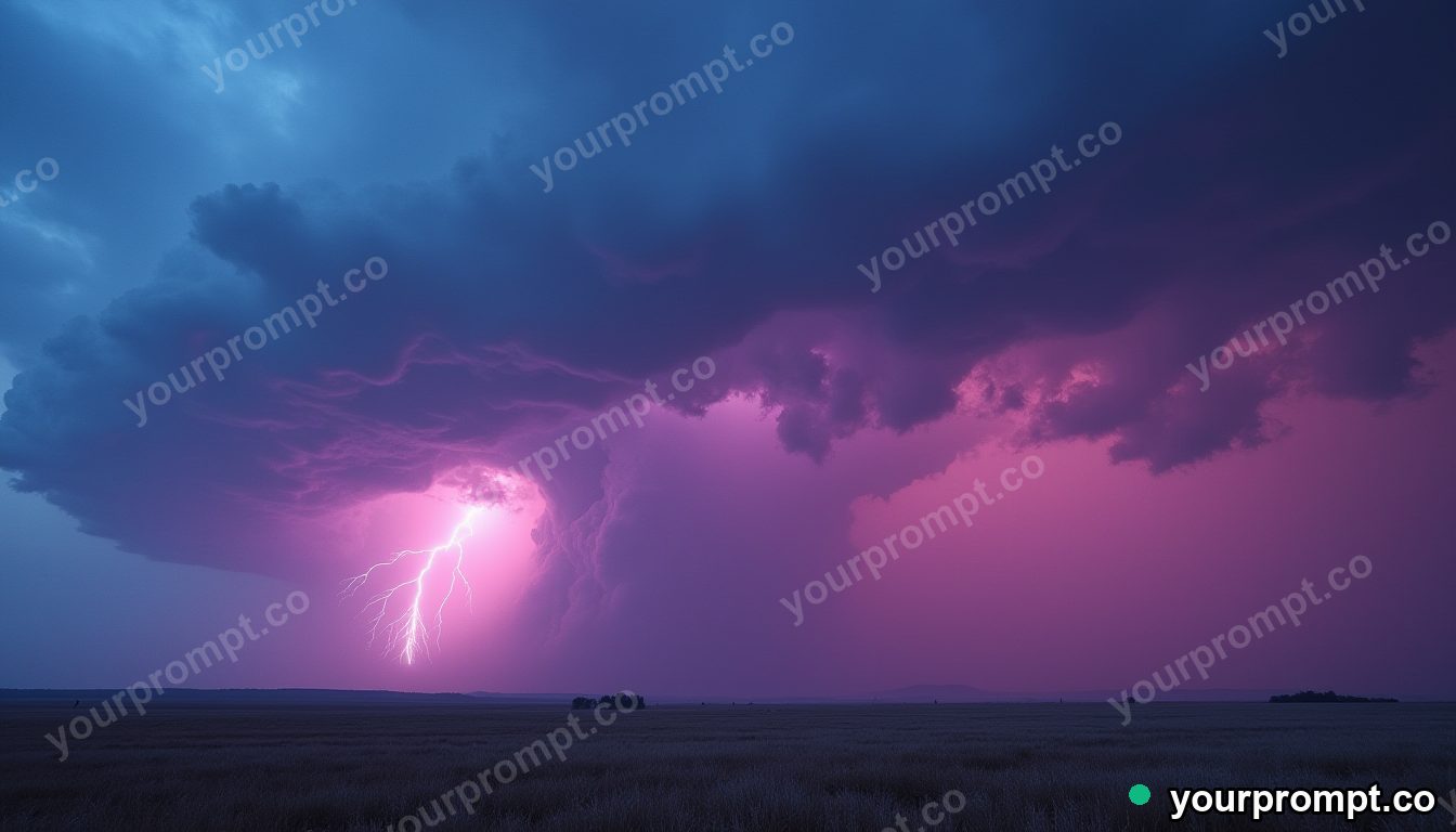 A massive supercell thunderstorm over open plains