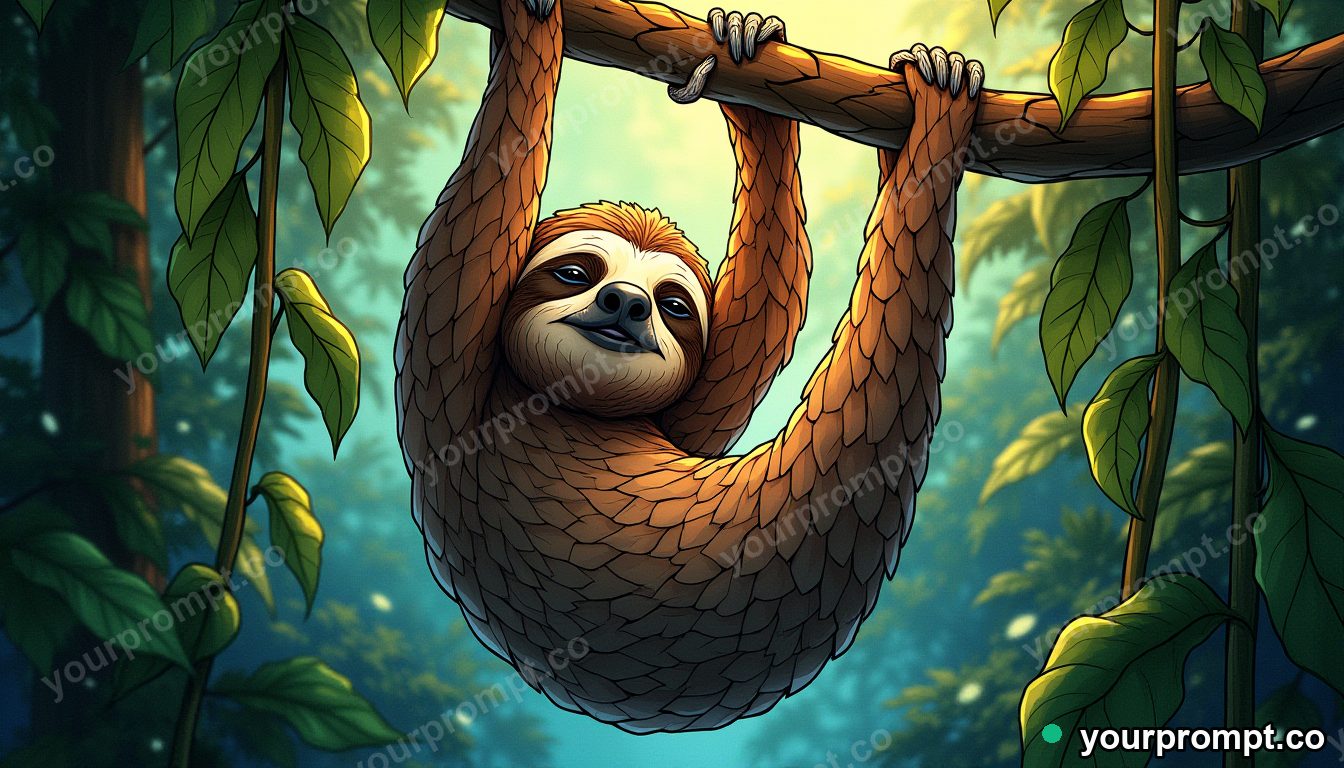 A sloth hanging lazily from a rainforest vine