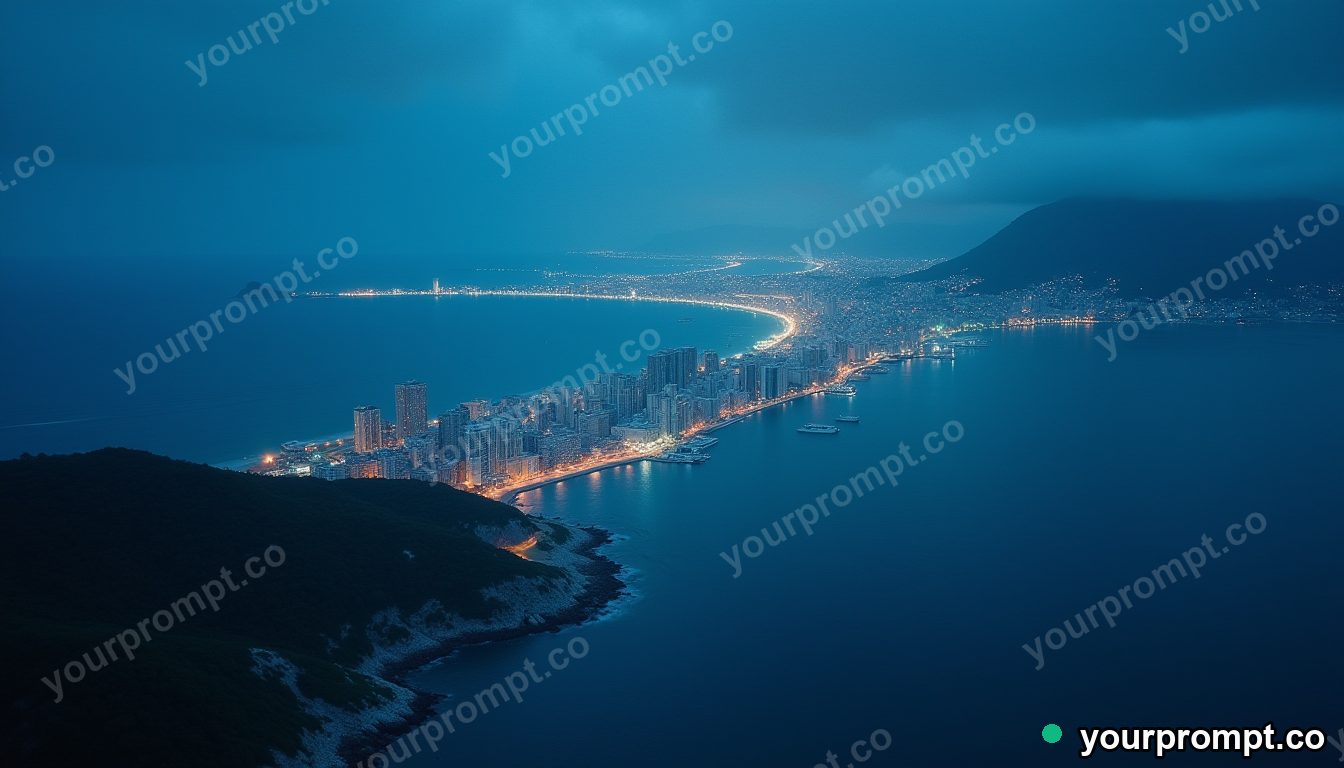 An aerial view of a coastal city meeting a deep blue sea