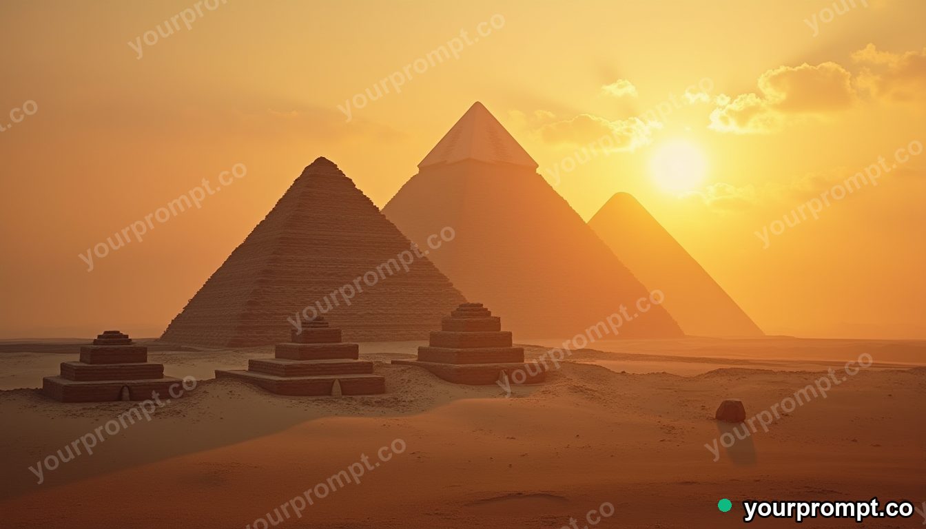 An Egyptian pyramid construction site at golden hour