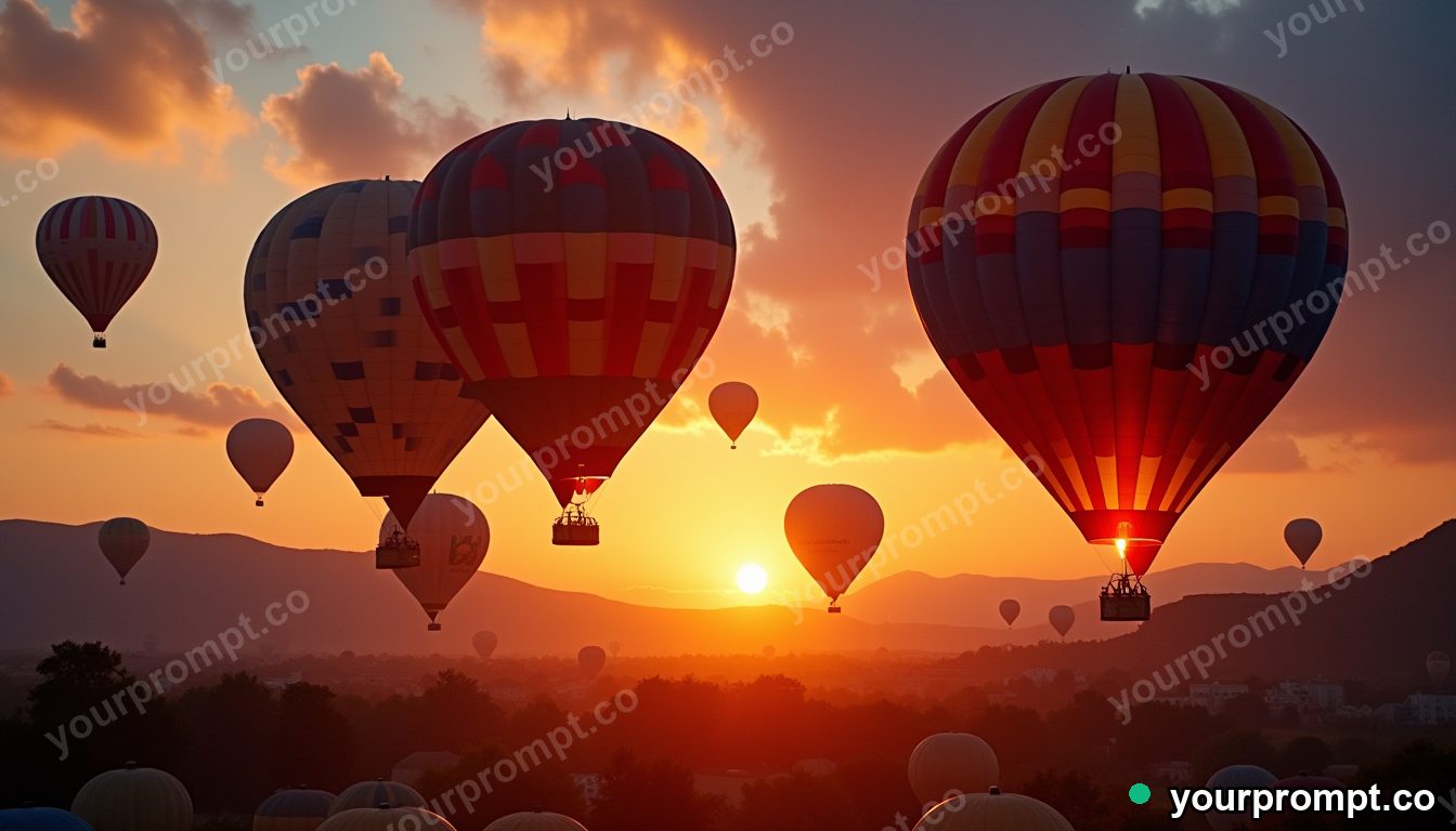 A colorful hot air balloon fiesta rising at dawn