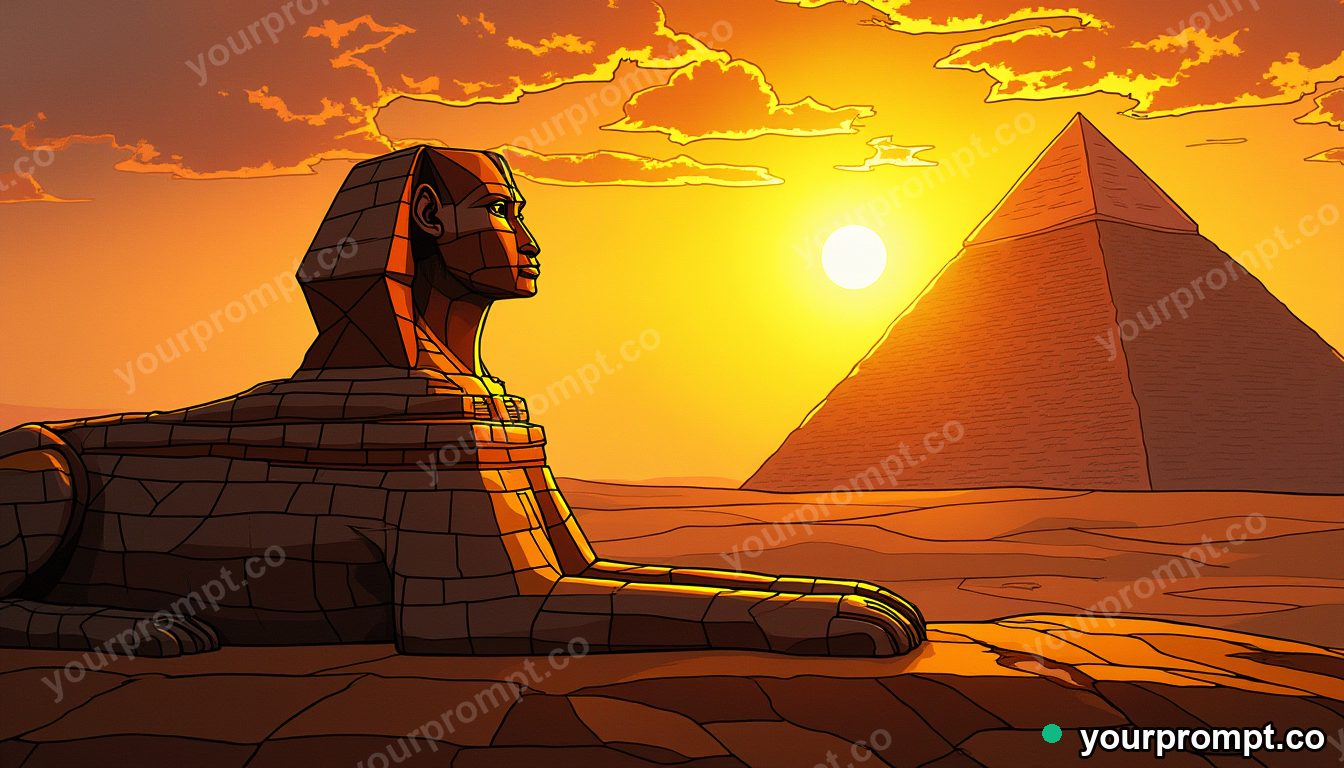 A sphinx beside pyramids at golden dusk