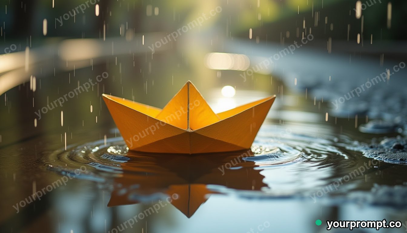 A paper boat sailing a rain puddle, macro and whimsical