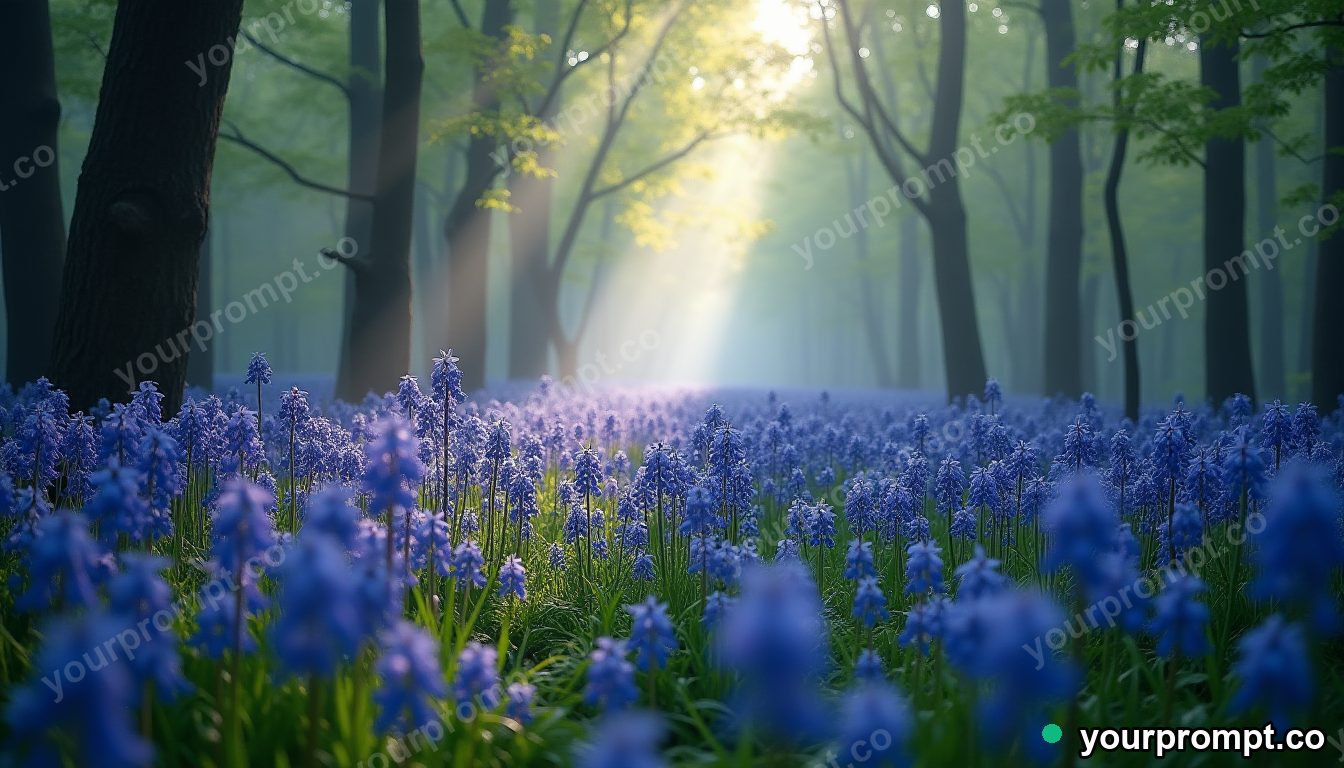 A glowing carpet of bluebells in a spring forest