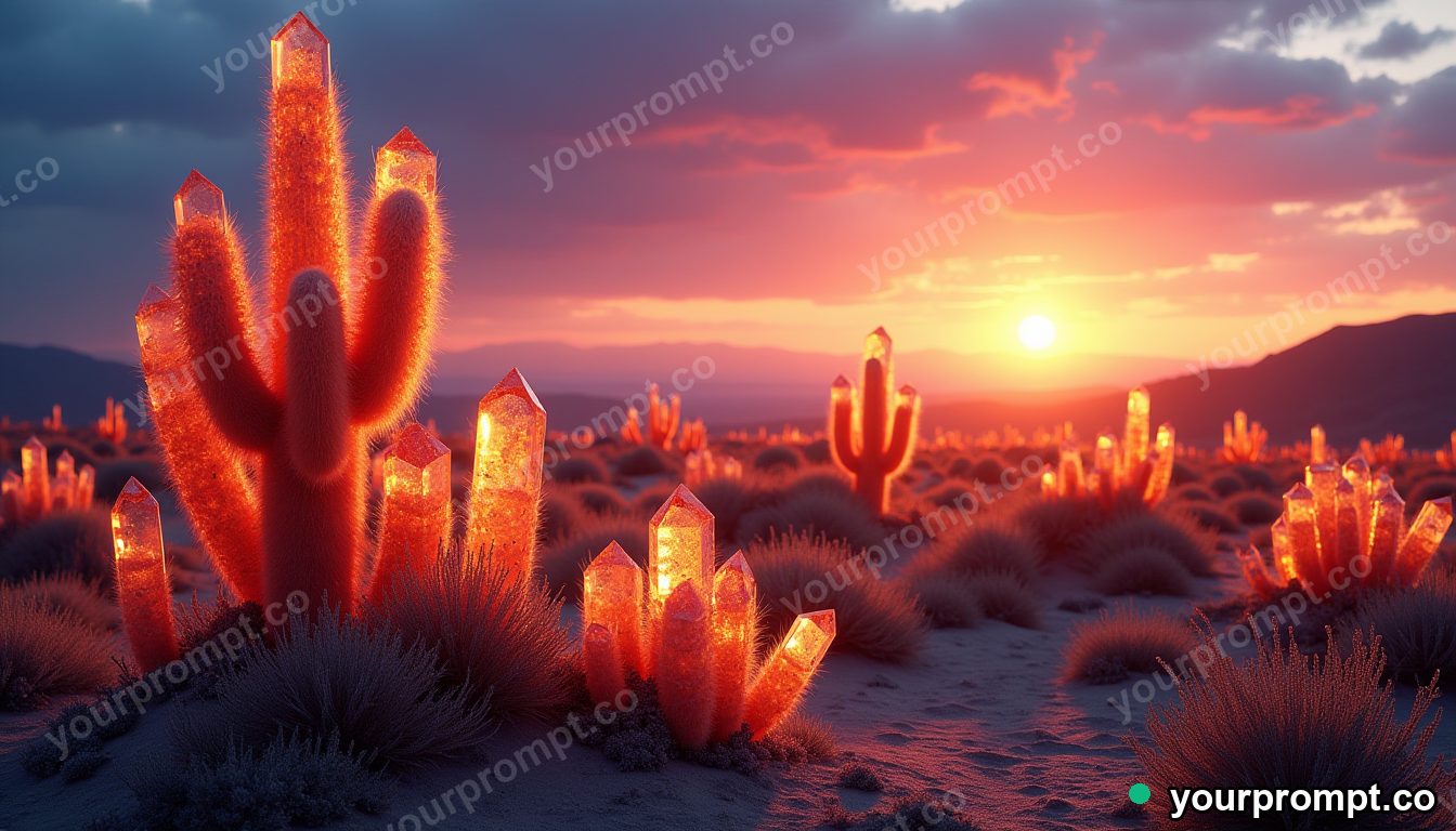 A desert with crystal cacti glowing at dusk