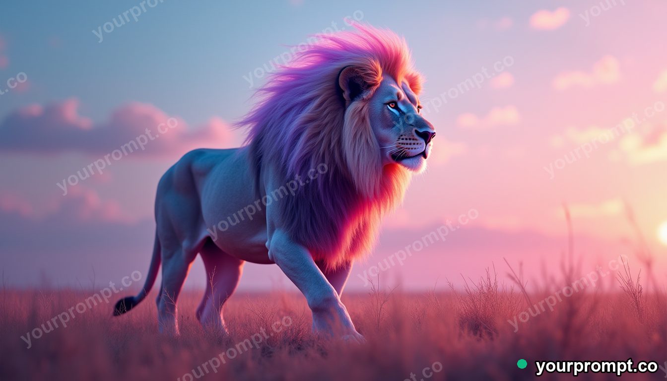 A majestic lion with a windswept mane on the savanna