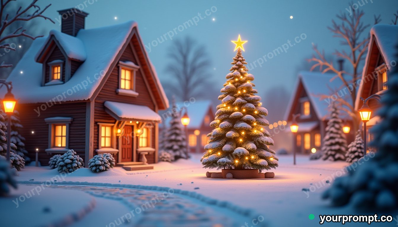 A snowy village square with a glowing Christmas tree
