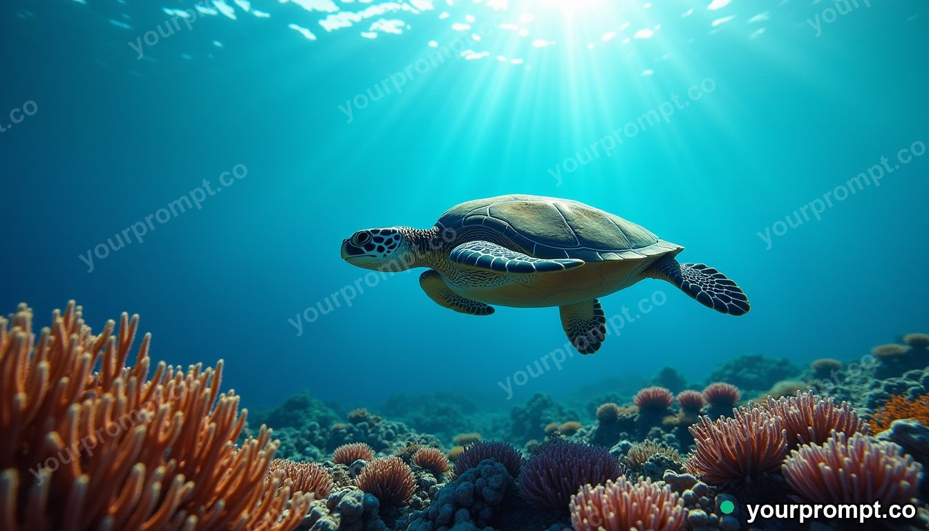 A sea turtle drifting over a colorful reef