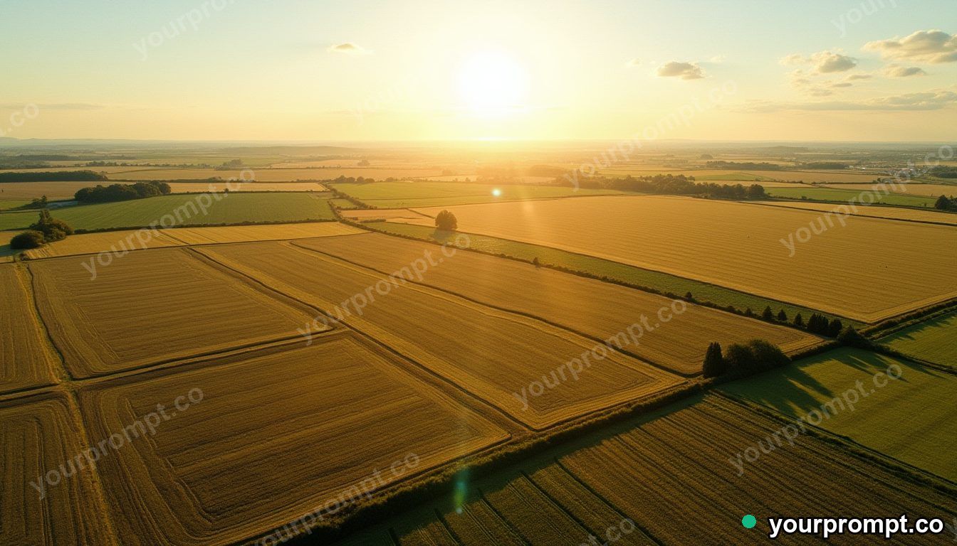 A bird's-eye view of a patchwork of farm fields