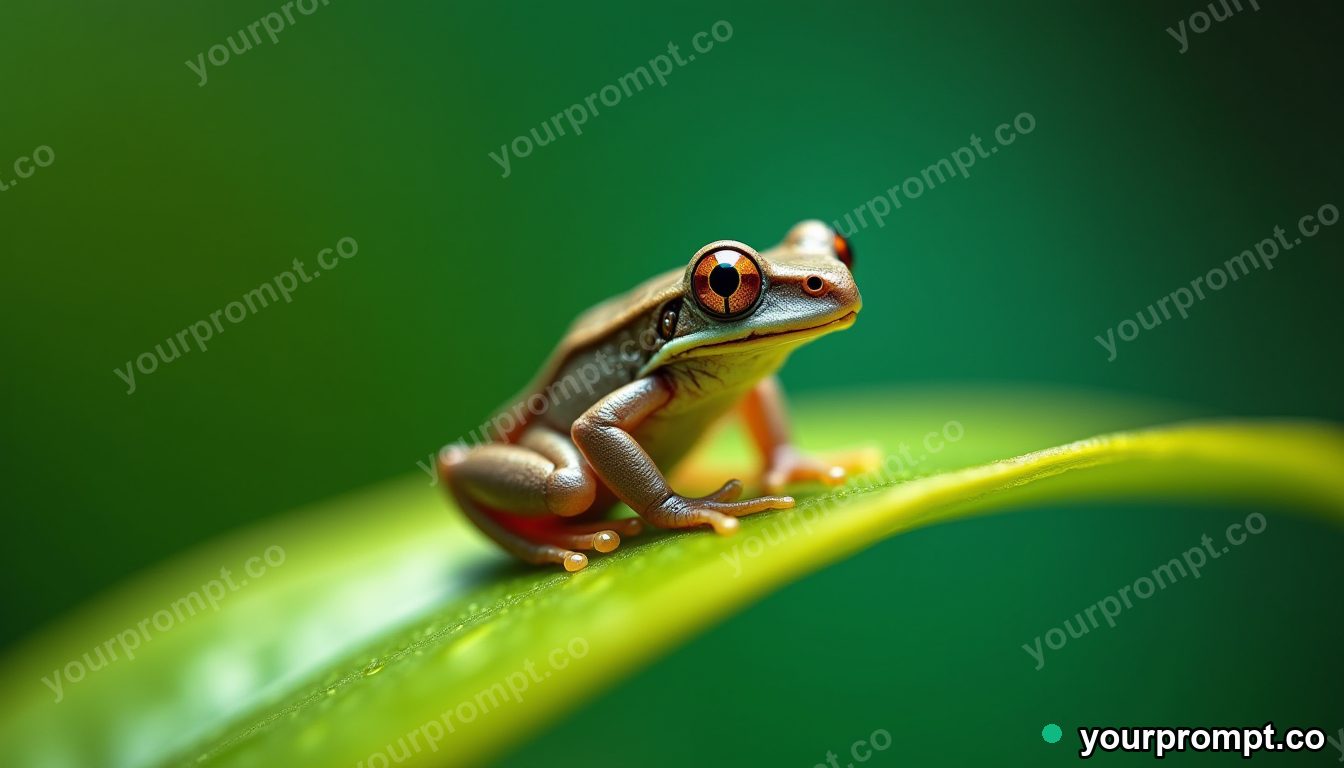 A tiny tree frog perched on a bright leaf, macro