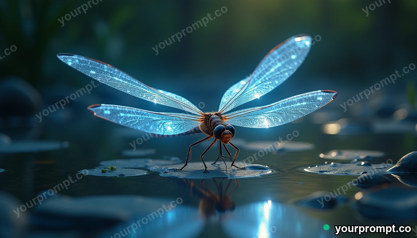 A dragonfly with crystalline wings over a pond