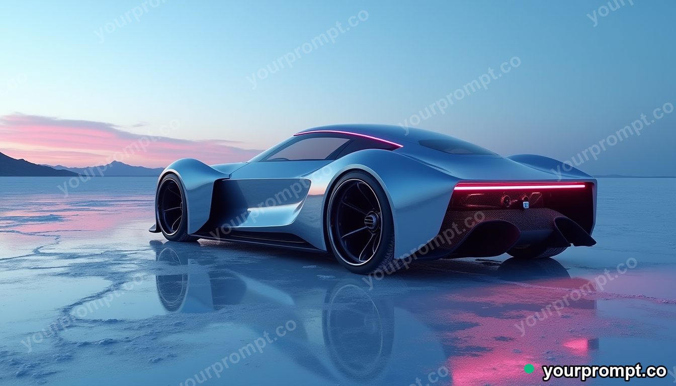 A futuristic concept car with glowing accents on a salt flat