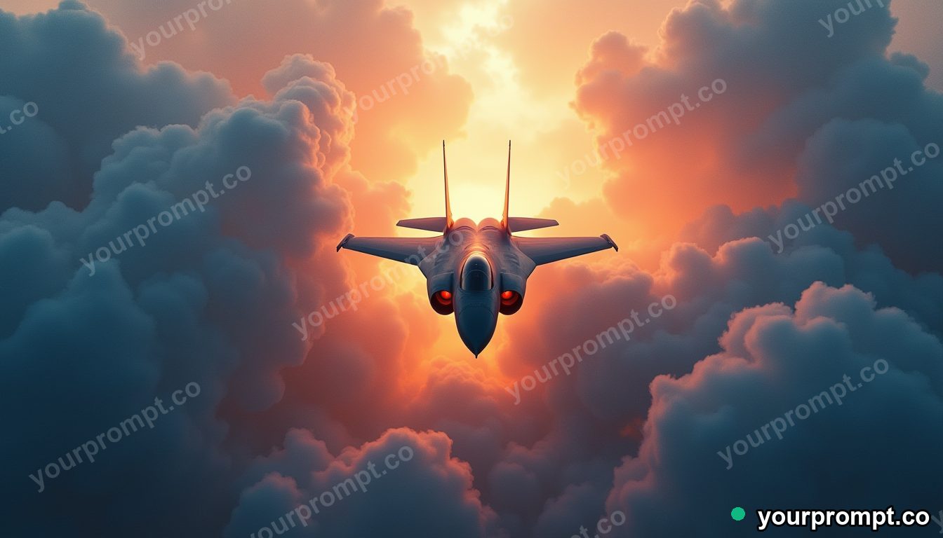 A fighter jet bursting through a wall of clouds
