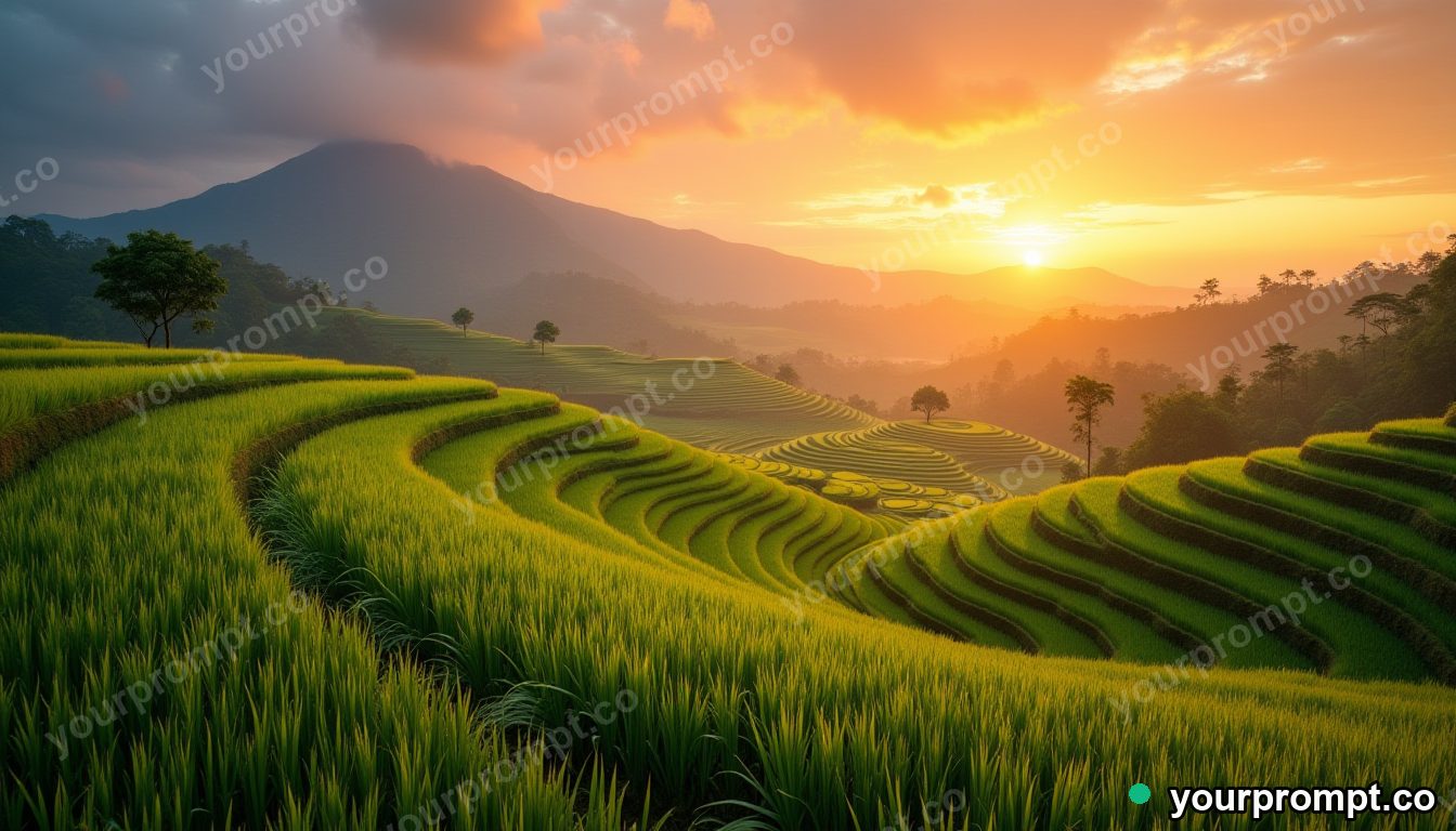 A terraced rice field at sunrise in Bali