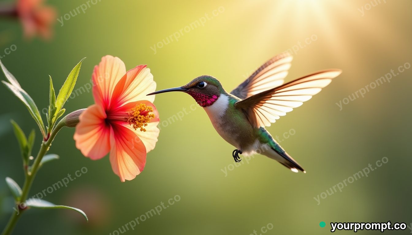 A hummingbird hovering at a bright flower, wings frozen