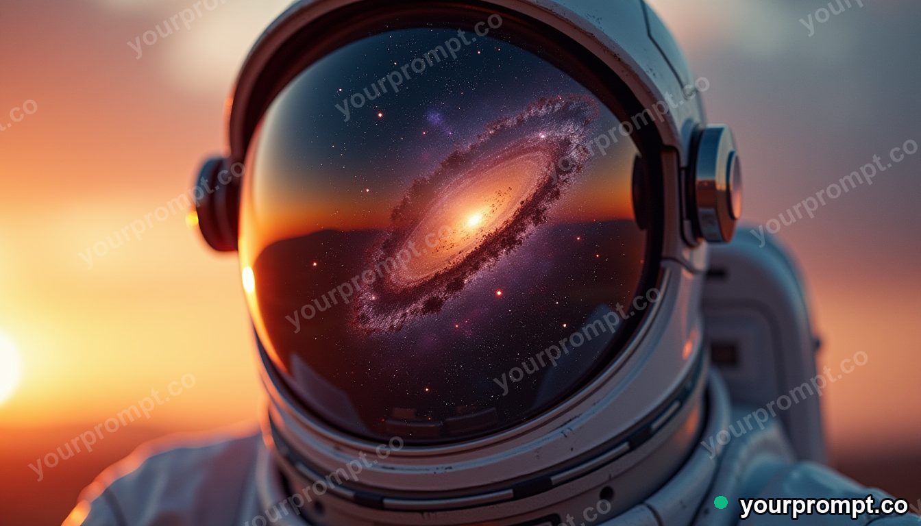 A galaxy reflected in an astronaut's helmet visor