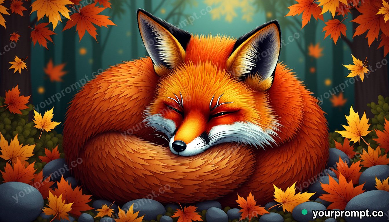 A red fox curled in autumn leaves