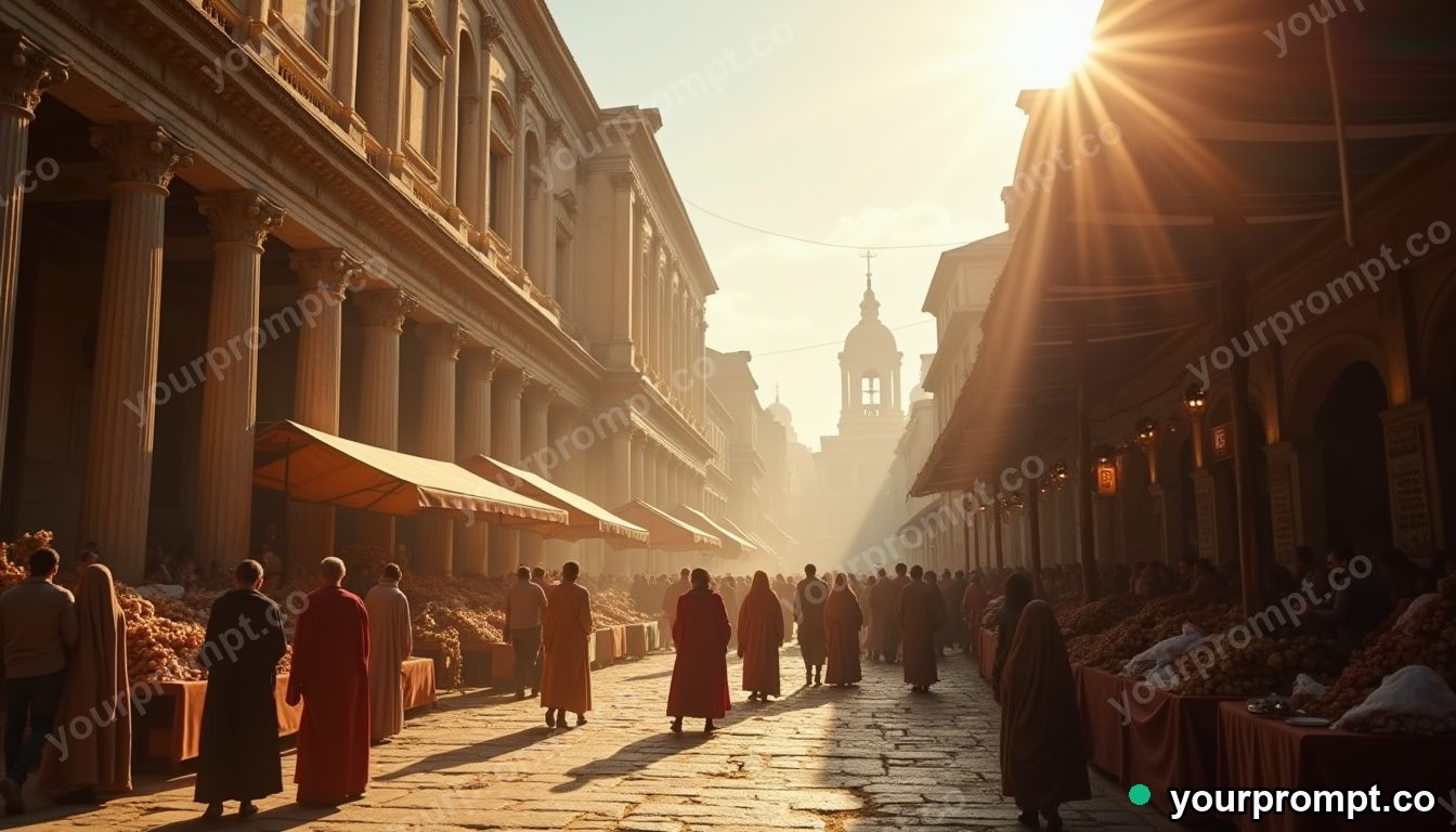 A bustling ancient Roman marketplace at midday
