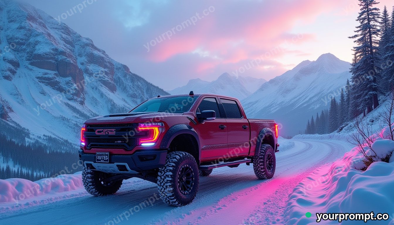 A rugged lifted pickup on a snowy mountain pass