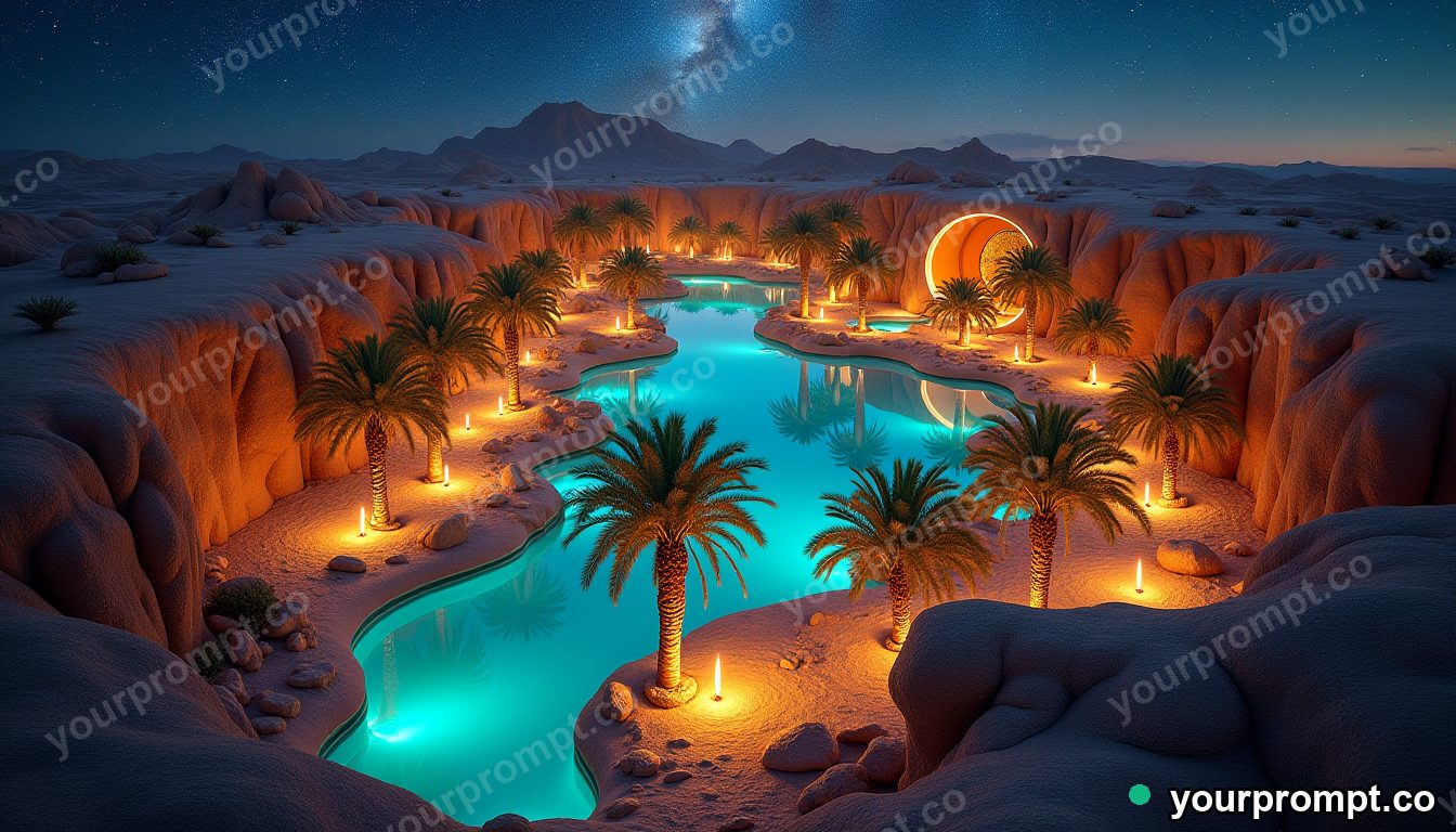 An aerial view of a desert oasis with palm clusters