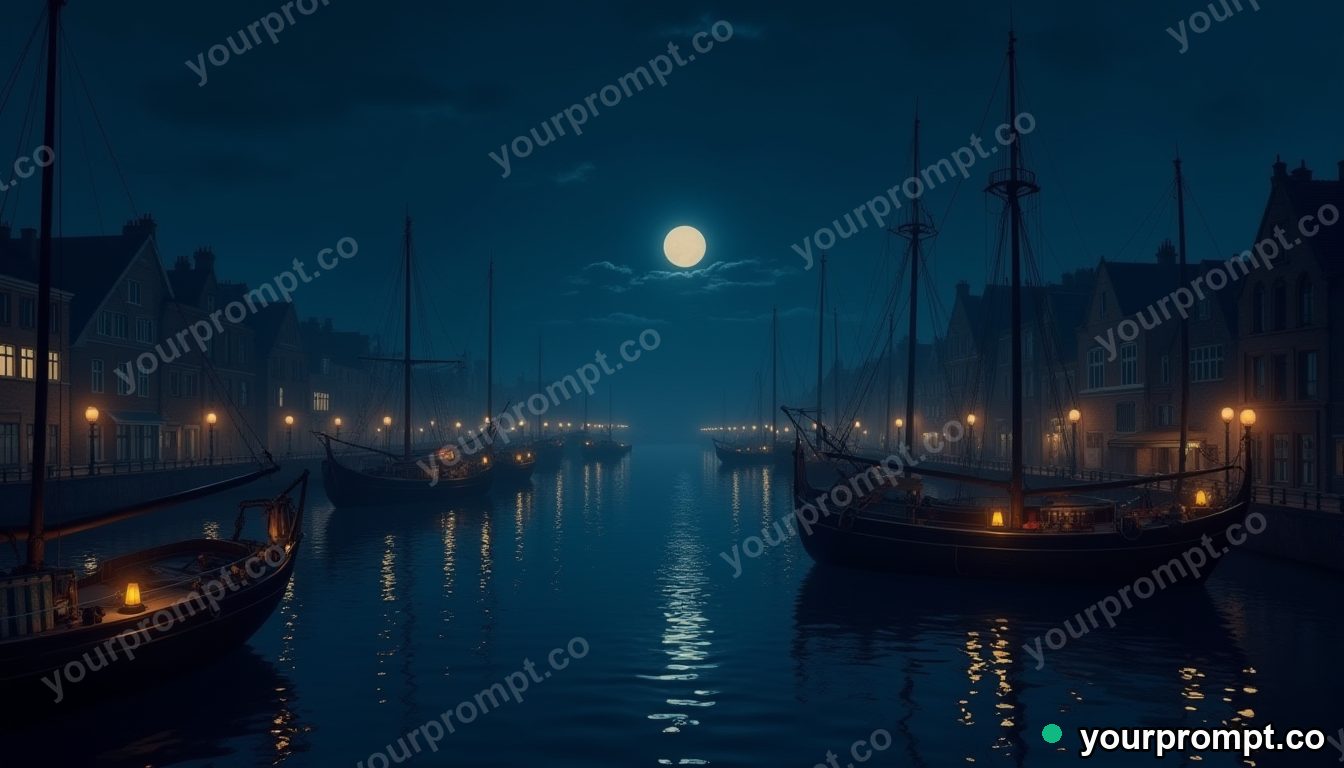 A harbor of boats lit by lanterns at midnight