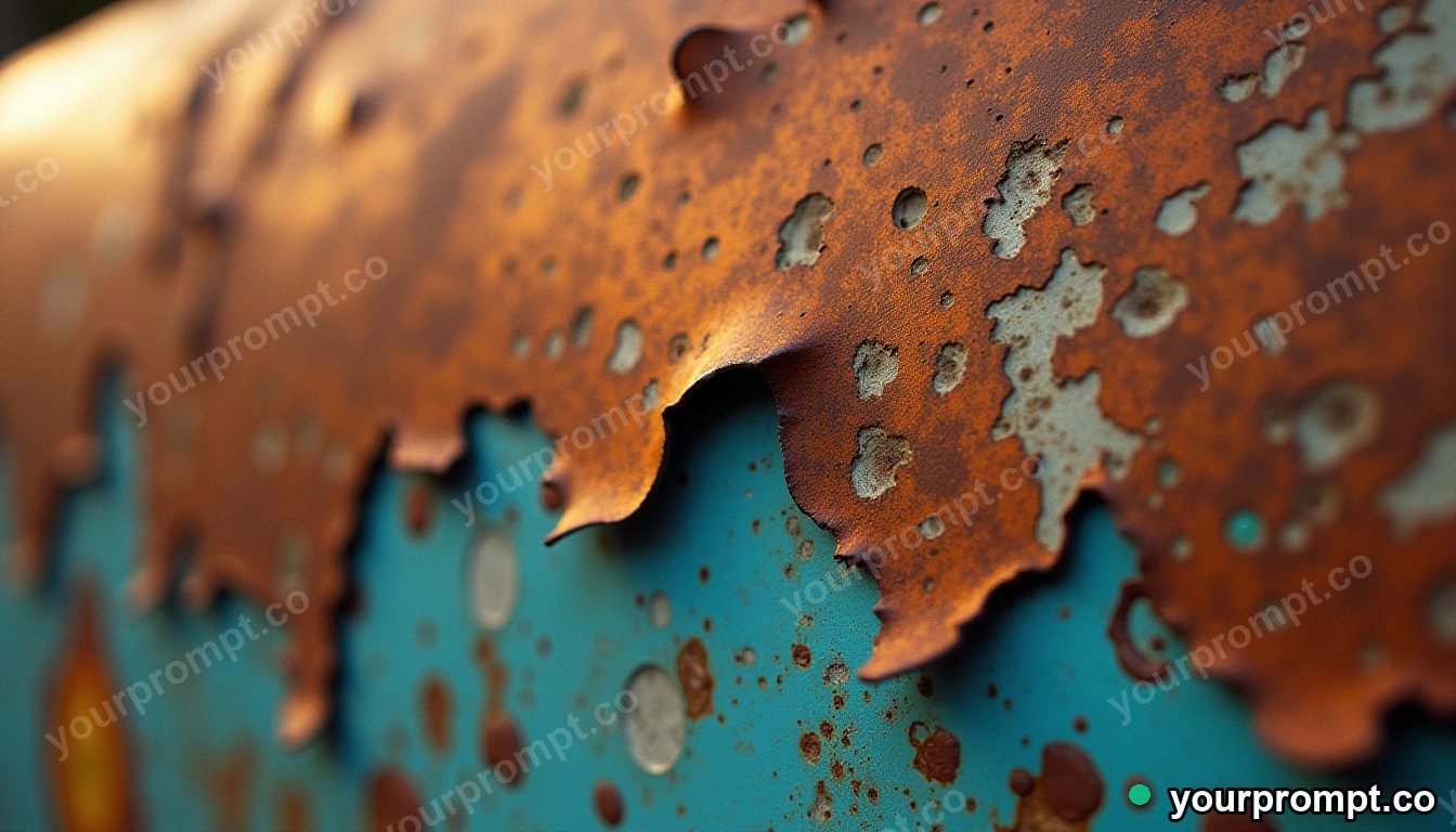 Rusted metal with peeling layers of paint, macro