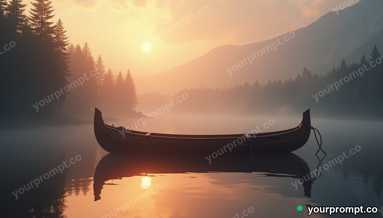 A wooden fishing boat on a misty calm lake at dawn