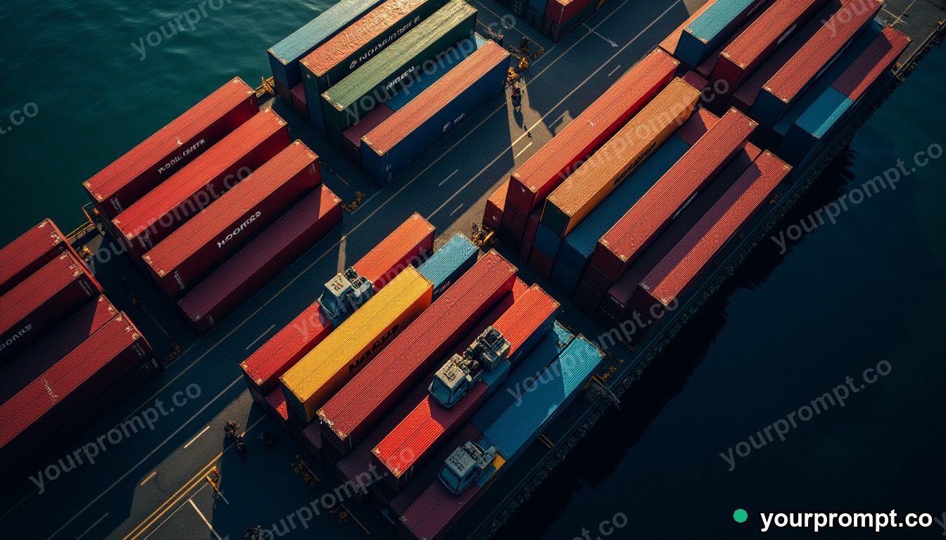 A top-down view of colorful shipping containers at a port