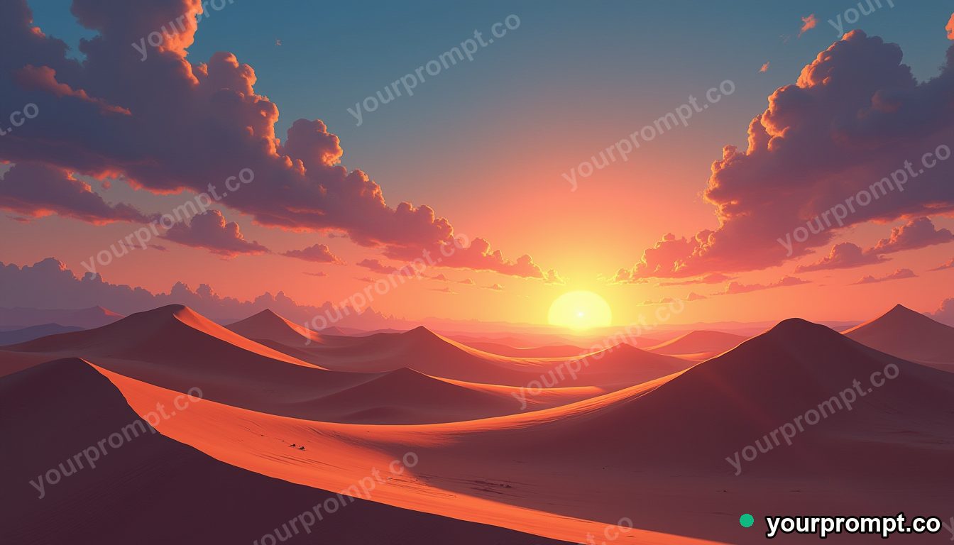 A desert of towering sand dunes at sunset