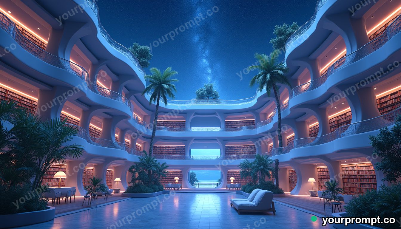 A futuristic library atrium with curving balconies