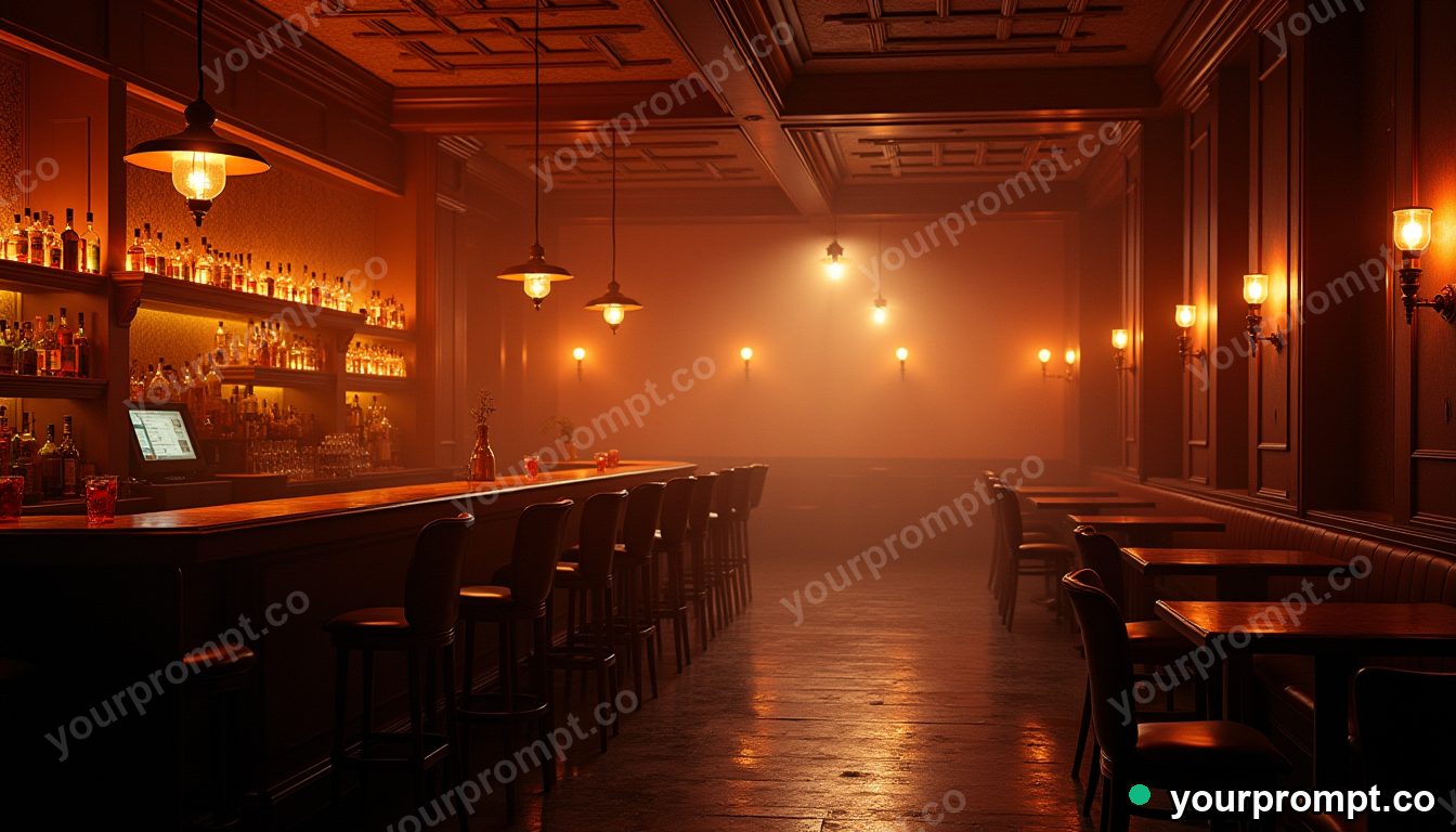 A moody speakeasy bar with amber lighting