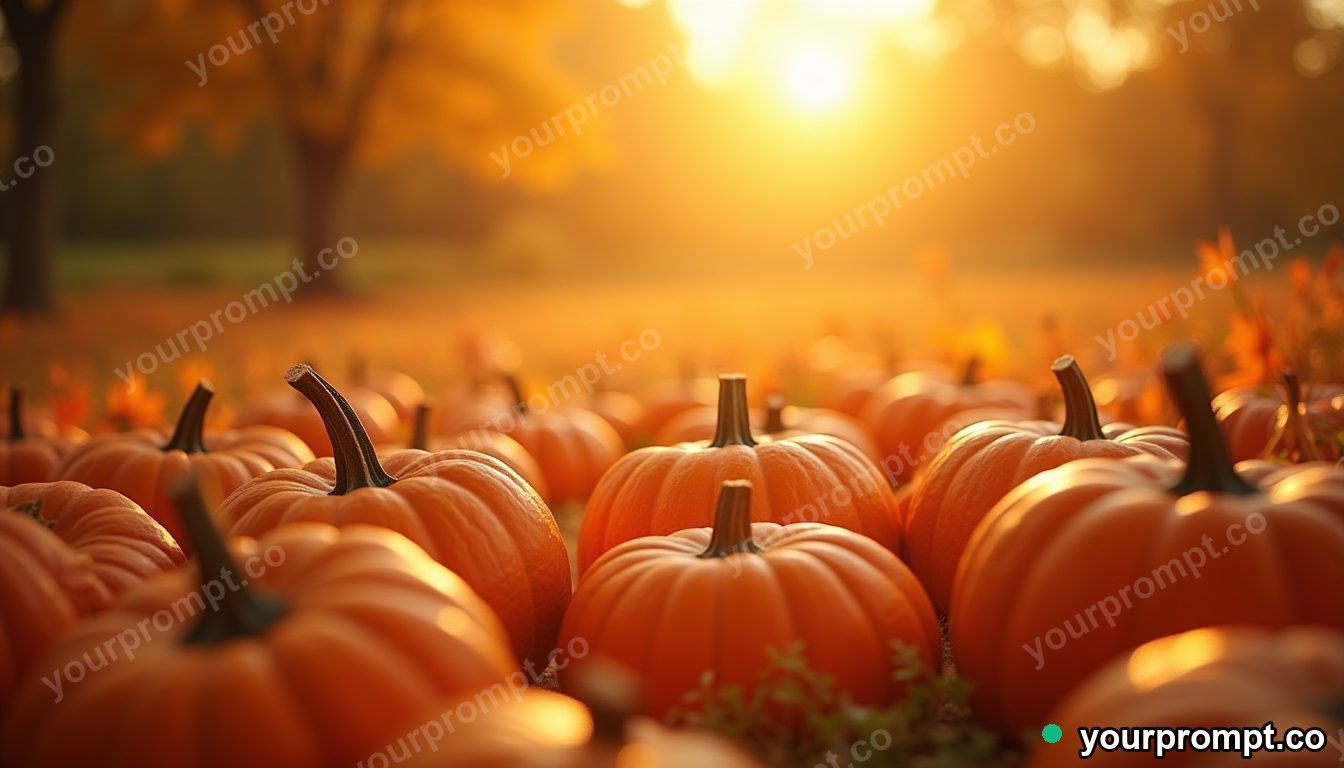 A pumpkin patch under a golden autumn sky