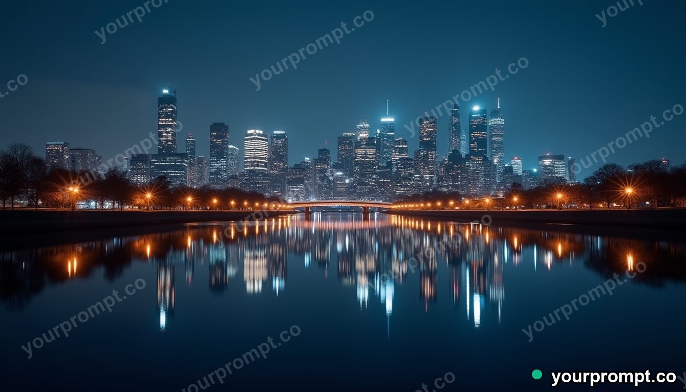 A city skyline mirrored in a calm river at night