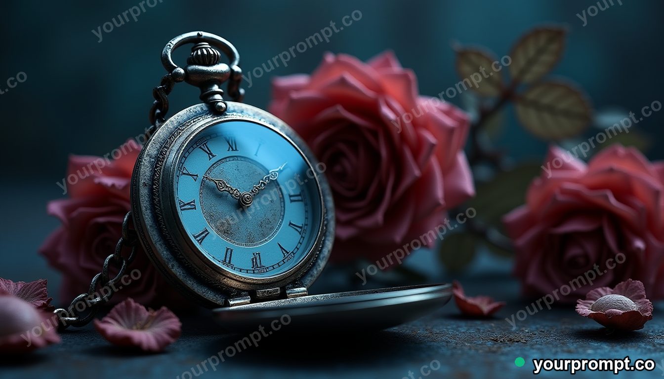 An antique pocket watch beside dried roses