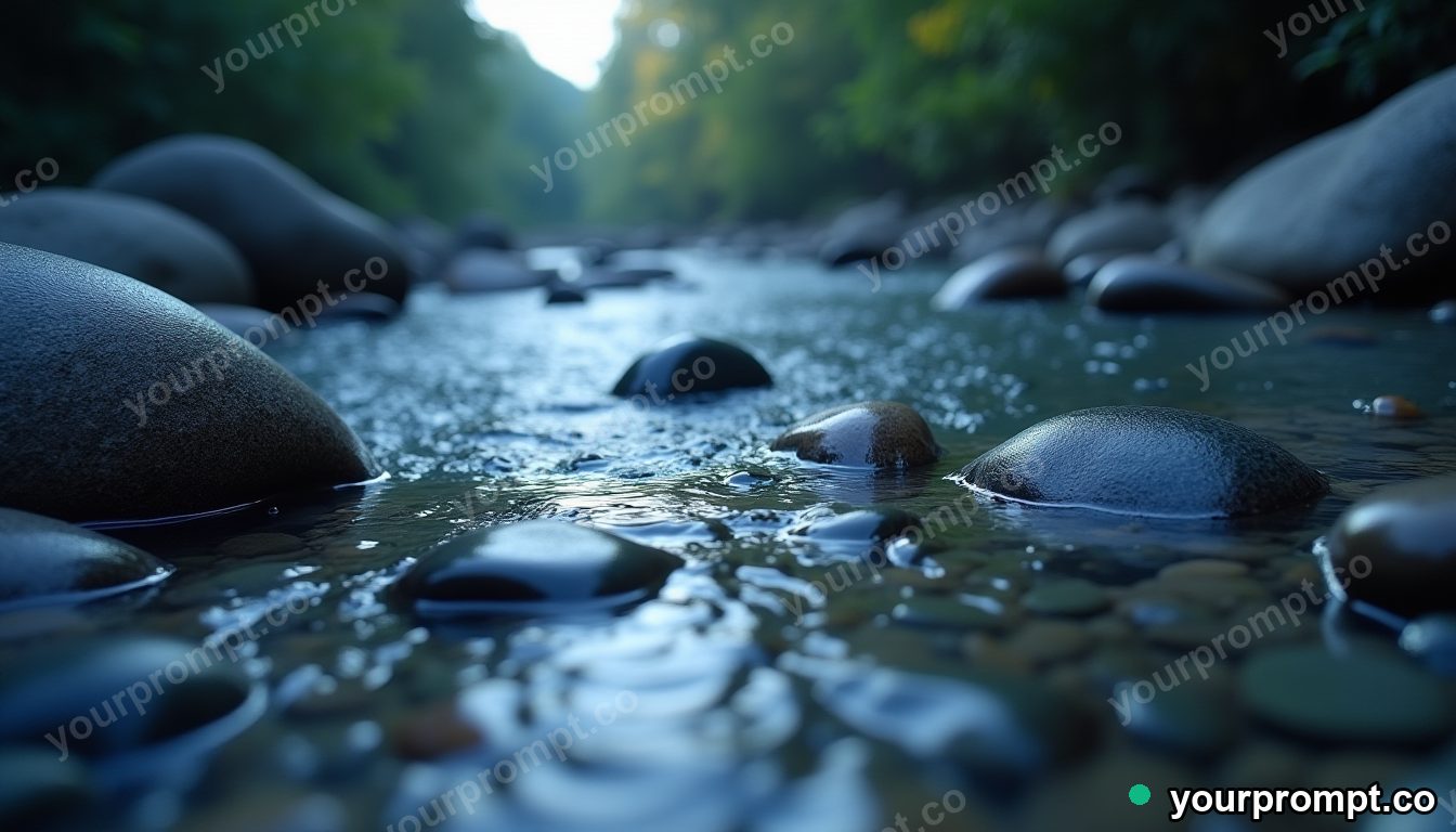 Smooth river pebbles under clear flowing water